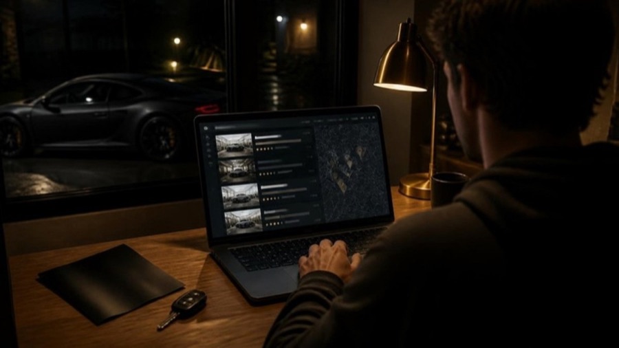 自宅でノートPCを使ってカーラッピングの施工店を比べている人
